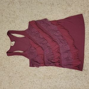 Large, burgundy, lace racerback, Eyelash couture tank.